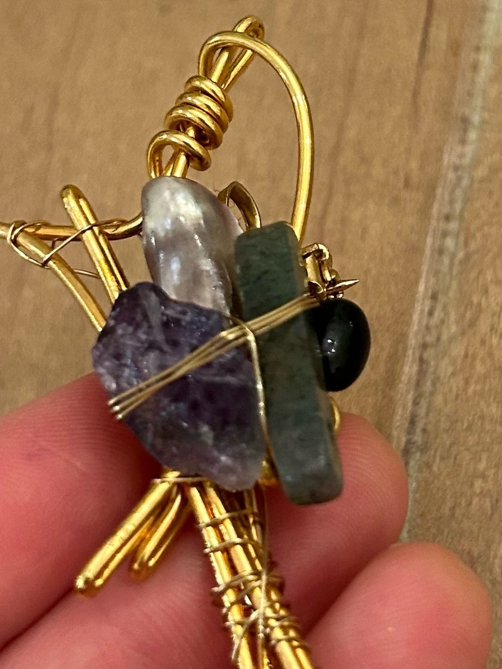 Handmade Gold Wire Pendant with Amethyst, Pearl & Green Stone